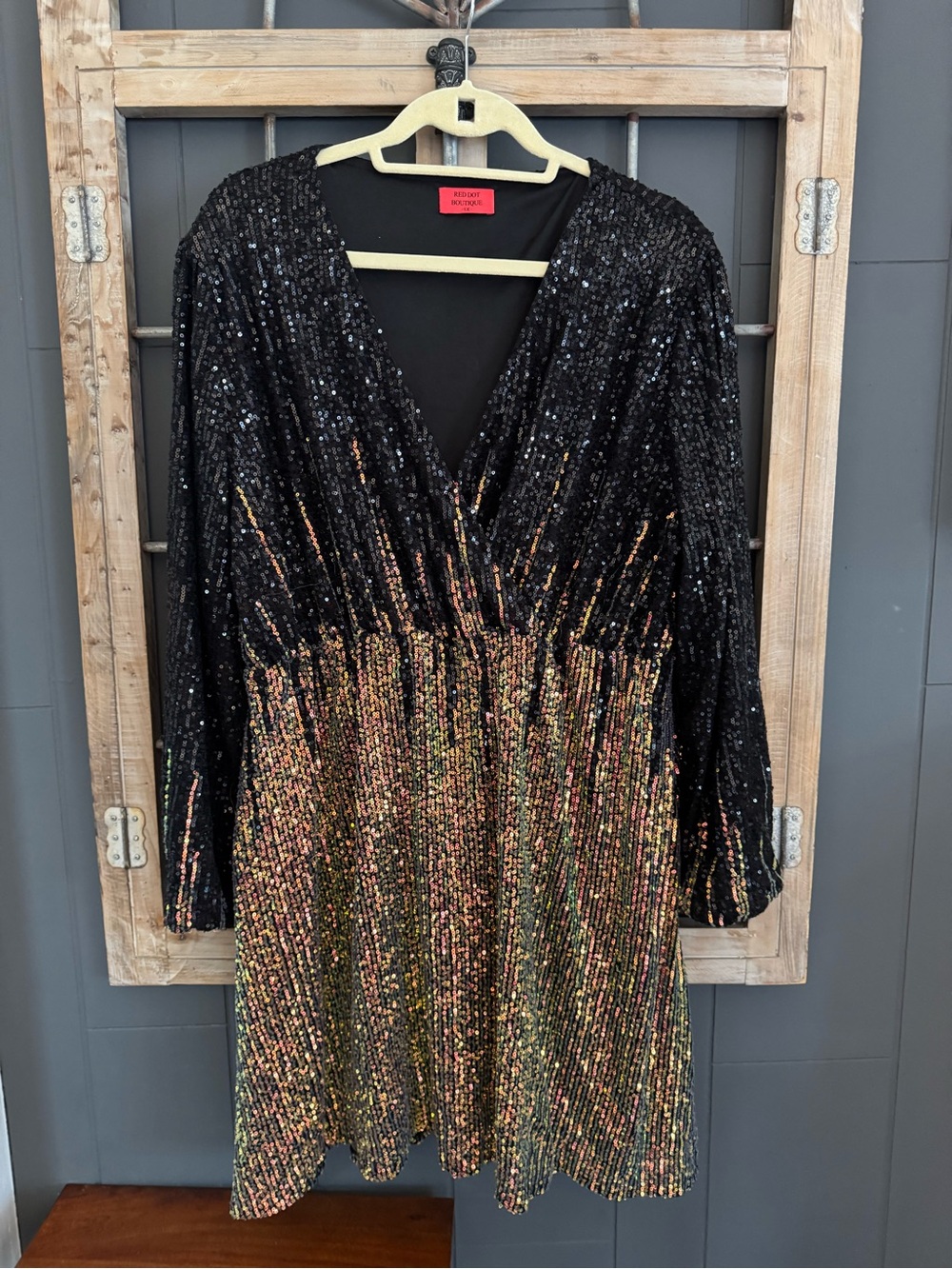 Black & Multicolor Sequin Long-Sleeve V-Neck Party Dress